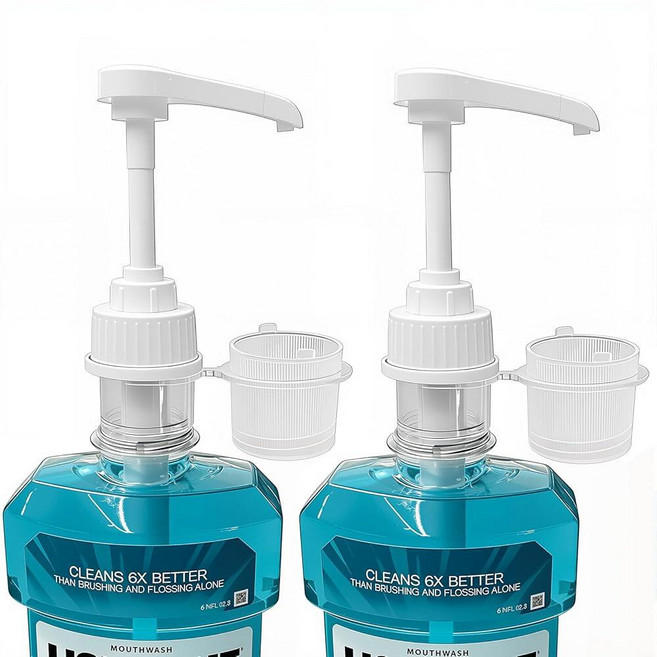 리스테린 1리터 및 1.5리터 구강 세정제 병과 호환되는 펌프 디스펜서 2팩 실용적인 세척 세트 욕실 세면대용 컵 홀더 포함, 리스테린 1리터 및 1.5리터 구강 세정제 병과 호환되