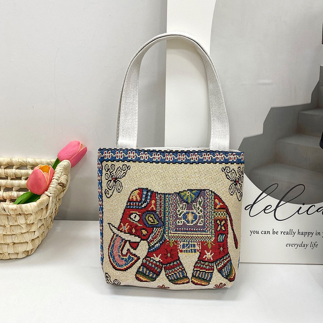 AZMON 에스닉 스타일 캔버스 자수 토트백 18종 고양이 코끼리 꽃자수 전통 민속 미니 핸드폰 스마트폰 가방 핸드백