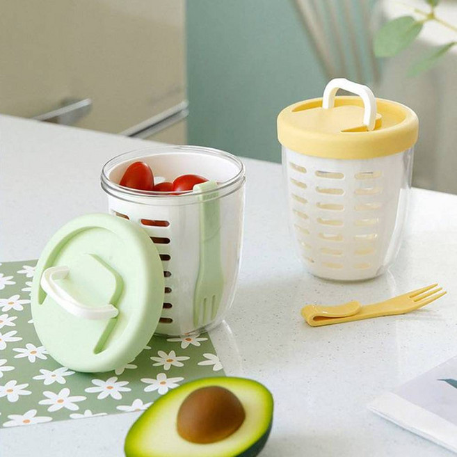 휴대용 밀폐 샐러드통 탈수용기 포크 세트 550ml 피크닉 샐러드 과일 도시락 야채 채소 보관 통 밀폐 투명 원형 용기, 1개