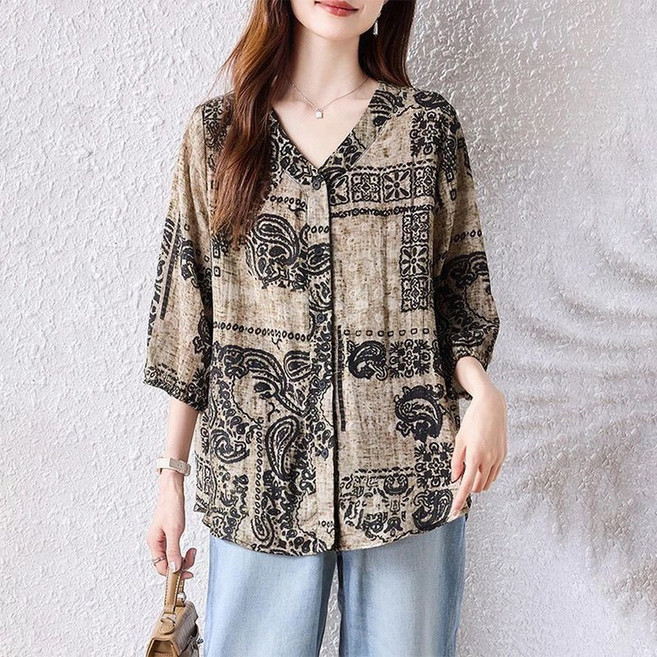 swygsqql 브이넥 5부 빅사이즈 자외선 차단 오버핏 셔츠 루즈핏 날씬해 보이는 프린트 여성 블라우스