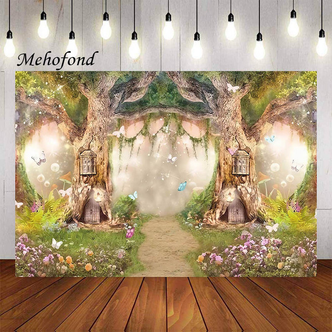 Mehofond 사진 배경 봄 요정 숲 반짝이 나비 생일 파티 장식 배경 사진 스튜디오, 보여진 바와 같이, 얇은 비닐 150x150cm, 1개