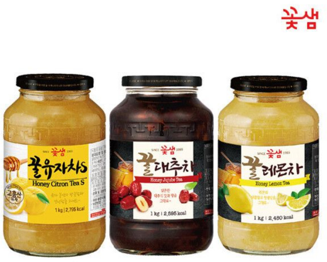 꽃샘 꿀유자차S +꿀대추차 +꿀레몬차 /1KG x3병/3KG, 1kg, 1개입