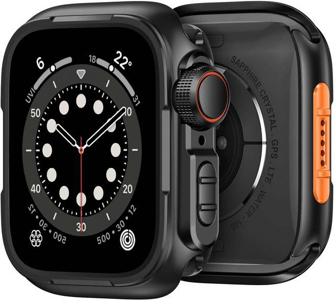 밴드톡 애플워치 호환 메탈 범퍼 케이스 S11/10/9/8/7/6/5/4 외관을 Ultra1/2/3 메탈 프레임 변신 드레스업 커버 44mm 45mm 46mm 49mm, 1개, 블랙/오렌지