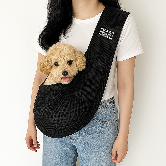 6위 - 오썸머 강아지 고양이 메쉬 슬링백 이동가방 포대기, 1개, 블랙