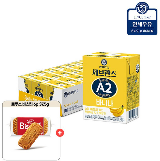 연세우유 A2 바나나우유 멸균 가공우유 + 로투스 비스코프 증정, 125ml, 24