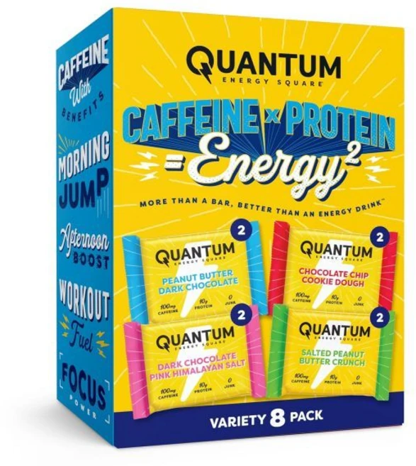 퀀텀 에너지 스퀘어 카페인과 10g 단백질이 함유된 바. 맛있고 건강한 간편 스낵. (비건 글루텐 프리 대두 유제품 프리) (8개입 세트), 다양성 8팩 - 쿠팡