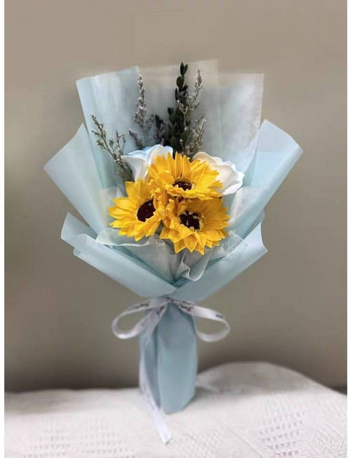 粉色康乃馨滿天星乾燥花束, 25cm藍色五朵向日葵玫瑰款, 1件