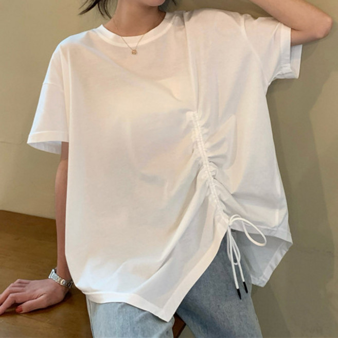 먼데이홀릭 언발 스트링 라운드넥 반팔 코튼 티셔츠