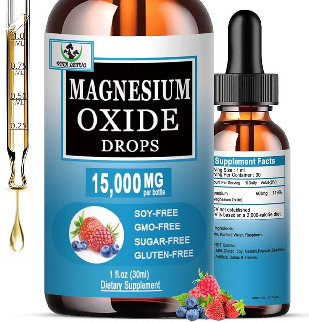 산화마그네슘 500mg 수면 신경 심장 건강 근육 및 스트레스 완화를 위한 액체 마그네슘 보충제 성인 및 아동용 고흡수 산화마그네슘 액체 드롭 글루텐 프리 GMO, 산화마그네슘 500mg, 수면, 신경, 심장 건강, 근, 1개