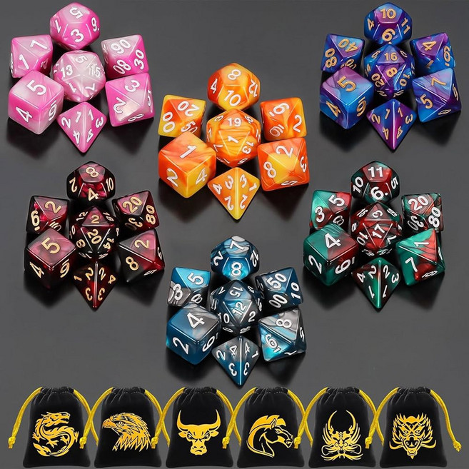 DND 주사위 6개의 세트 백이 드래곤즈 다면체 주사위 MTG 파란색 위한 42PCS 테이블 완전한 RPG QMAY 드로스트링 포함된 게임을 컬러 더블 던전, 6 Sets42pcs