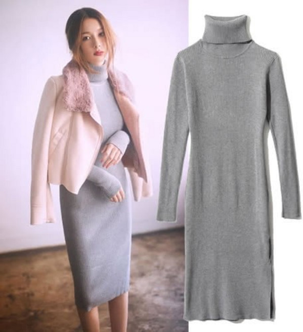 高領羅紋長袖針織洋裝 連身裙, M