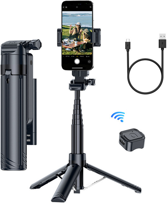 NICESUN 원터치 미니 블루투스 초경량 휴대폰 셀카봉 삼각대 90cm M56, 블랙