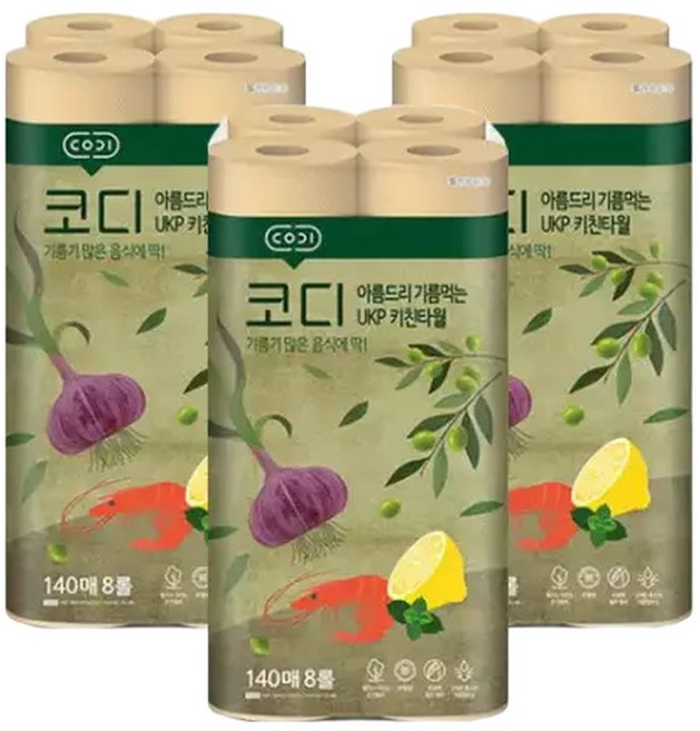 코디아름드리 기름먹는 키친타올 140매 8롤 3세트 배송
