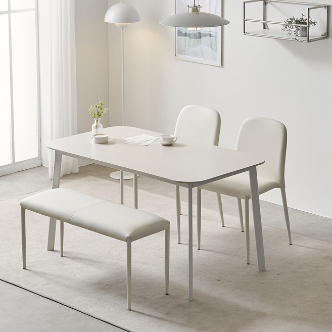 올데이 4인용 테이블 포세린 세라믹 식탁세트 1200 (의자2+벤치1), 화이트, 머드그레이