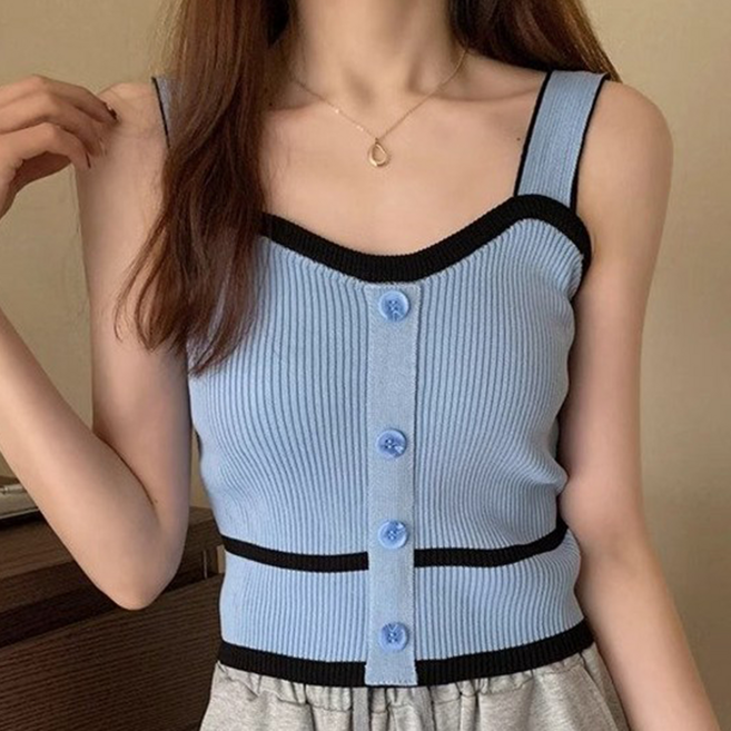 칩썬데이 여성 나시 여름 니트 스퀘어넥 버튼 민소매 이너웨어 골지 스판