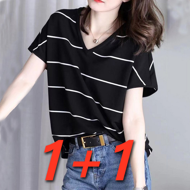 1+1 2장 빅사이즈 여름 반팔티 브이넥 루즈핏 스트라이프 면티 스판티 상의 심플 베이직 데일리복