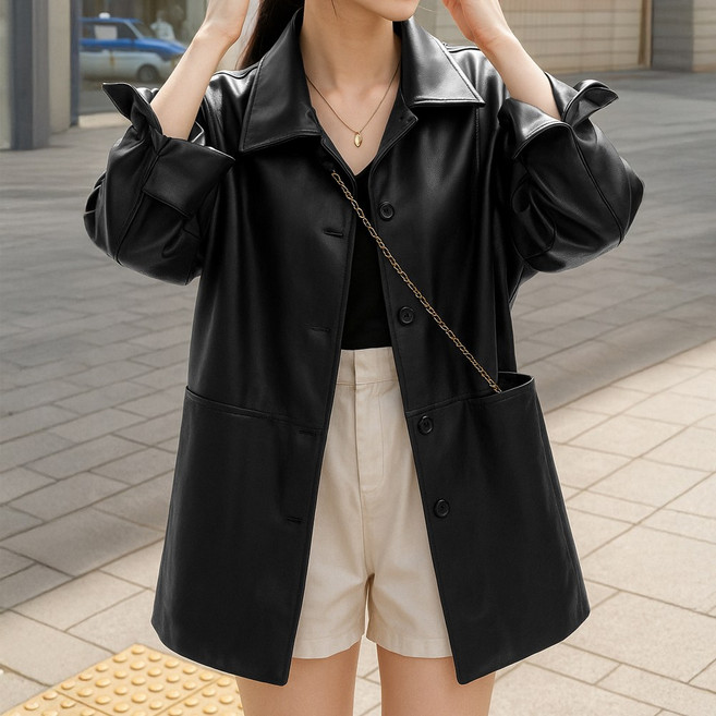 라뷰드 루즈핏 미디 레더 자켓 여성 페이커 가죽 라이더 재킷 봄 가을 오버핏 아우터 빅포켓 긴팔 점퍼 싱글 단추 상의