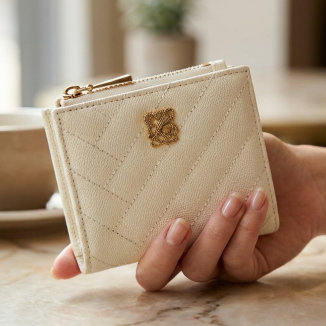 [선물포장] 루이까또즈 여성 소가죽 퀼팅 반지갑 지퍼 미니지갑 여자 학생 직장인 카드지갑