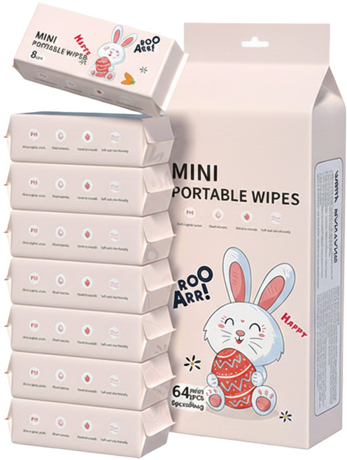 BOO ARR! 迷你便攜濕紙巾 RO過濾純水, 8套, 兔子濕巾【8套/組】, 8片, 35g