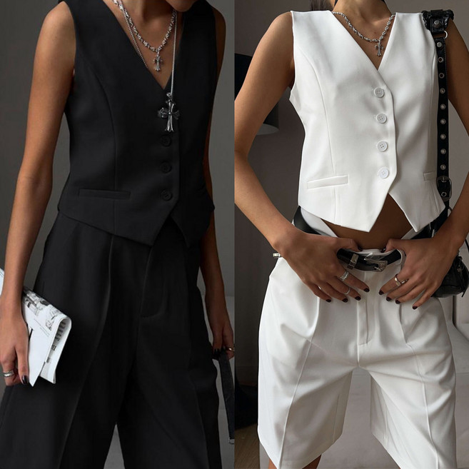 에쥬아 여름 정장세트 5부 반바지 + 조끼베스트 투피스 데일리룩 출근룩 세트