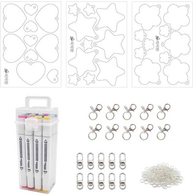 더이안 KC인증 마술종이 슈링크필름 펀칭 도안 3종+마카펜 12색 키링 부자재 세트 단체수업용 열쇠고리 만들기, 하트/별/꽃송이 패키지, 1개