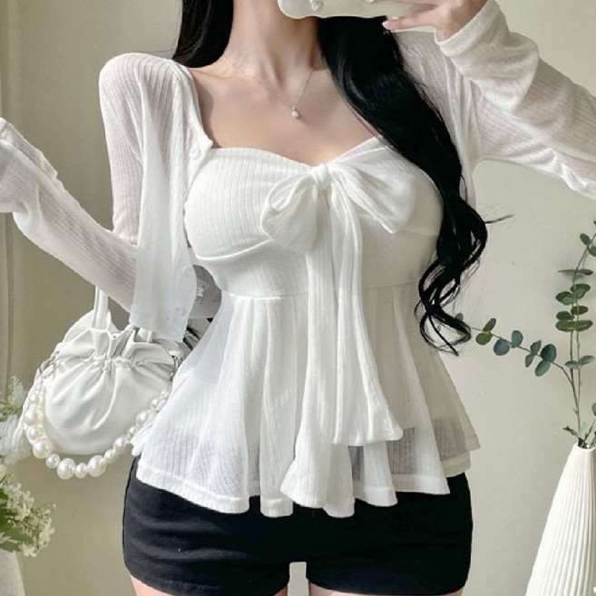 마리하우스 살랑 리본 나시+가디건 세트 투피스