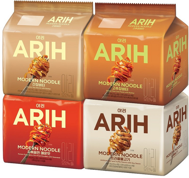 아리 ARIH 모던누들봉지 4종 (간장x1팩+고추장x1팩+김볶음면매운맛x1팩+트러플불고기x1팩) 혼합구성, 4팩