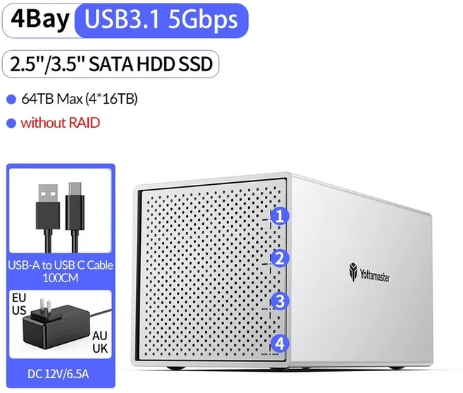 Yottamaster 알루미늄 외장 HDD 어레이 인클로저 RAID 모드 지지대 4 슬롯 2.5 "3.5" 베이 USB3.0 64TB, 01 4Bay Type C, 01 China Mainland