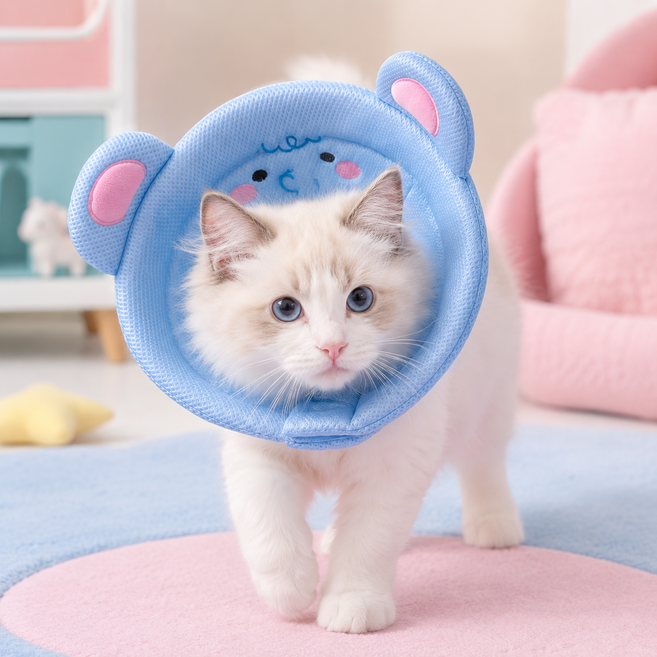 강아지 고양이 쿠션 넥카라 부드러운 메쉬 엘리자베스카라 반려동물 목보호대 핥기방지 보조 중성화 수술 후 케어 목쿠션, 1개, 본디 블루