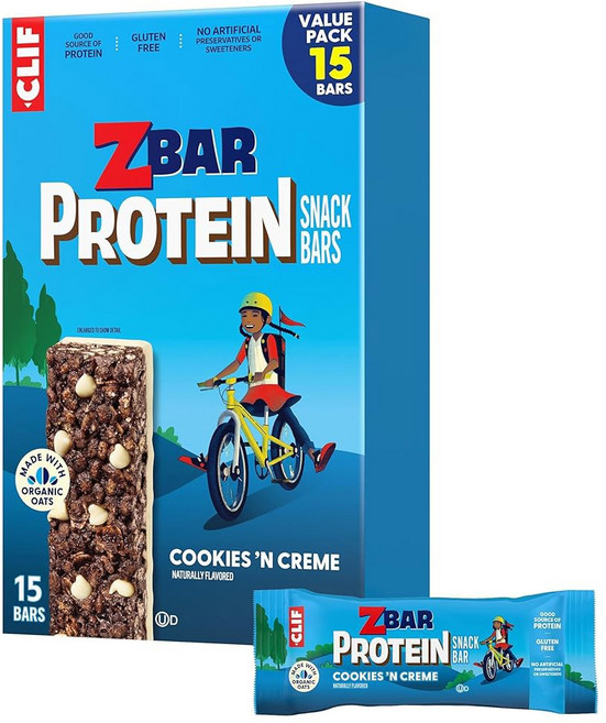 CLIF 키드 즈바 단백질 쿠키 크림 바삭한 스낵 귀리로 만든 GMO 5g 글루텐 프리 15팩, Zbar Protein - Cookies 'N Crem