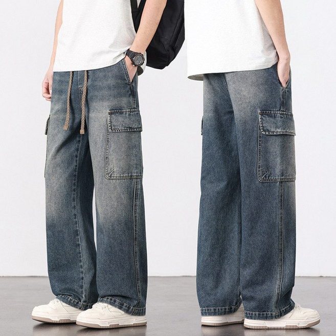 wassup 남자 카고바지 밴딩 스판 일자 청바지 데님 슬렉스