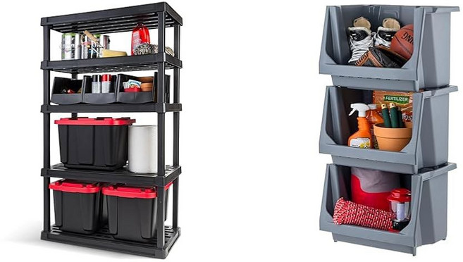 IRIS USA 3-선반 헤비 듀티 플라스틱 보관 선반 450파운드 용량 38인치 H x 36인치 W 18인치 D 차고 가정 창고 및 체육관 랙을 위한 대형 모듈형 선반, 5-Tier Hybrid, Heavy Duty