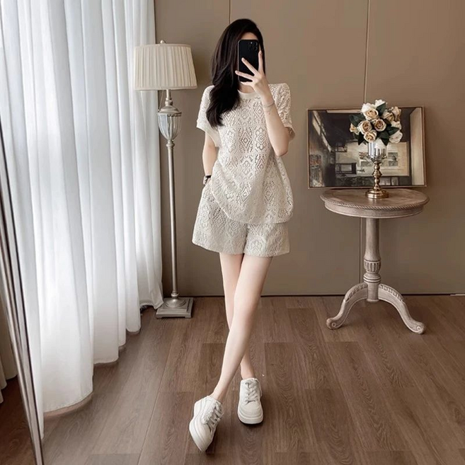 COSYEVNO 여성 여름 레이스 반팔 반바지 세트 루즈핏 캐주얼 투피스 CLXtz-13