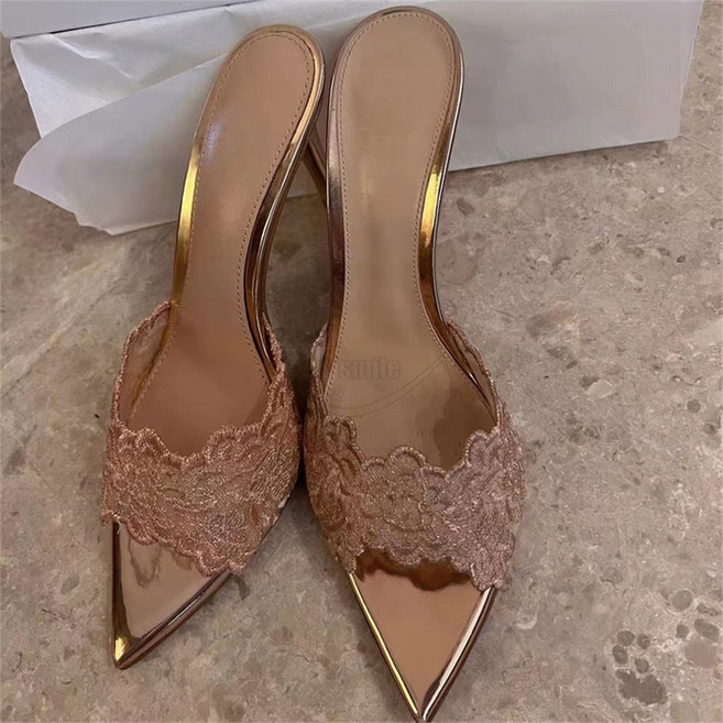 Krismile 레이스 하이힐 슬리퍼 여성 여름 스틸레토 뾰족 일자 샌들 패션 섹시 슬리퍼 W2506J10