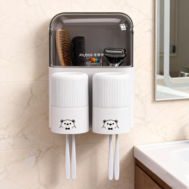 조이보스 방진 정리 무타공 부착식 칫솔걸이+ 양치컵 세트, 화이트，컵 2개, 1세트