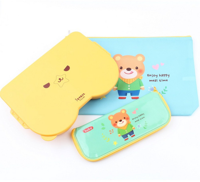 아이별프렌즈 옥수수식판 어린이집 도시락통 뚜껑 (파우치+수저케이스포함), 옐로우 +캐릭터파우치+수저케이스, 1개