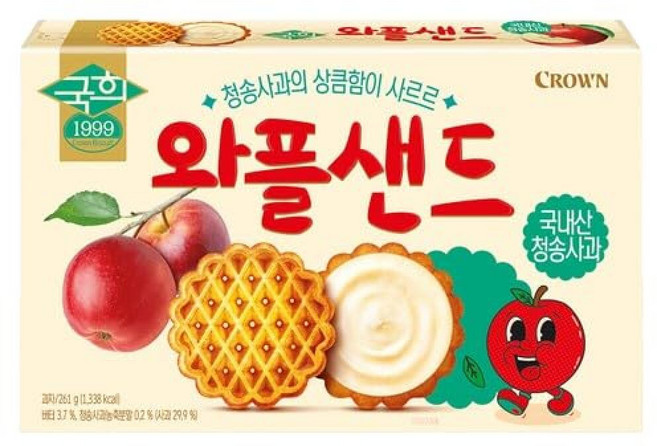 CROWN 애플 맛 와플 비스킷 과일 크림 충전재가 있는 버터 쿠키 학교 및 사무실을 위한 건강한 캐주얼 간식 한국 페이스트리 디저트 간식 커피 및 아이스크림에 적합, CROWN 애플 맛 와플 비스킷, 과일 크림 충전재가, 261g, 1개