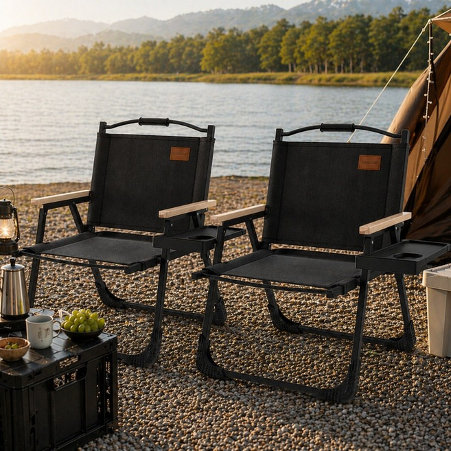 LUCKYOO 아웃도어 접이식 캠핑의자 휴대용 초경량 낚시 체어, 2개, 블랙