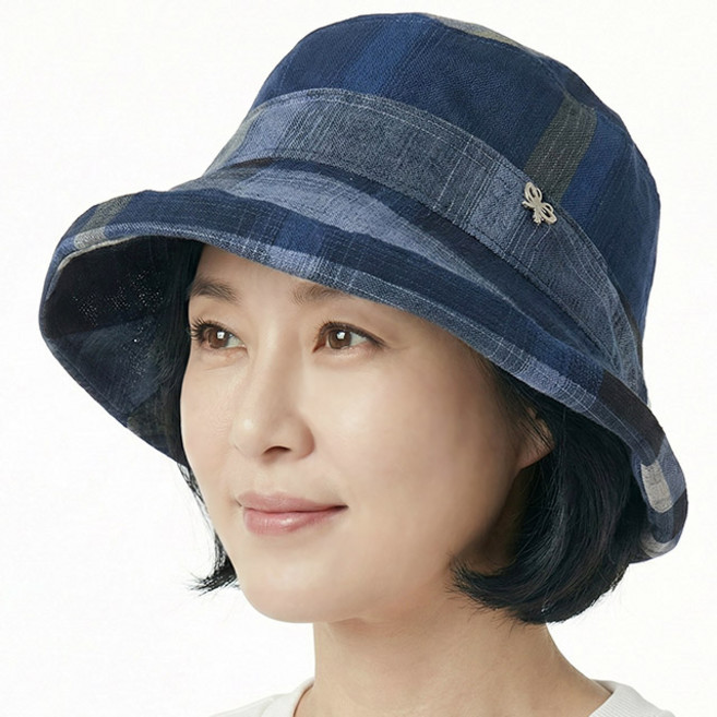 베이직엠 중년 여성 여름모자 망사 벙거지 체크 패턴