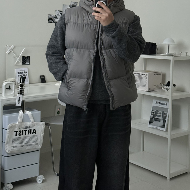 르위 웰론 후드 패딩조끼 오버핏 스트링 투웨이 겨울점퍼 빅사이즈 남녀공용