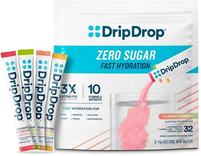 DripDrop 무설탕 하이드레이션 패킷 - 제로 클래식 버라이어티 팩 - 1인용 전해질 파우더 드링크 믹스 - 레몬 라임 수박 복숭아 패션 프루트 - GMO 프리 글루, 없음, 144g, 1) 버라이어티 팩, 1개 - 쿠팡