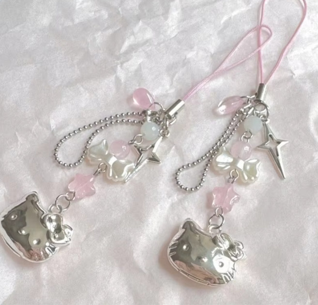 메리 산리오 실버 키티 핸드폰줄 폰줄 스트랩 미니 가방고리 열쇠고리 키링 백참 핸드폰 액세서리 스트랩 가방키링 헬로키티 쿠로미, 1개