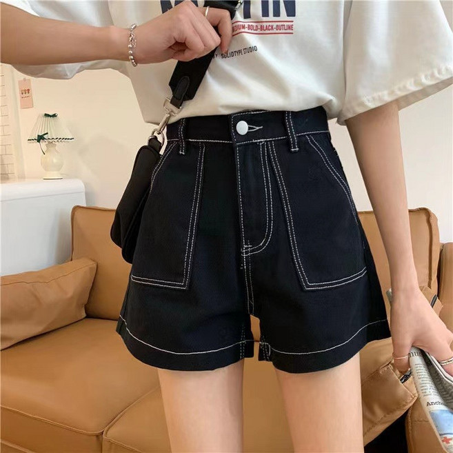 SAHINER 여성 코튼 하이웨스트 와이드 숏팬츠 스티치 캐주얼 여름 ADK27