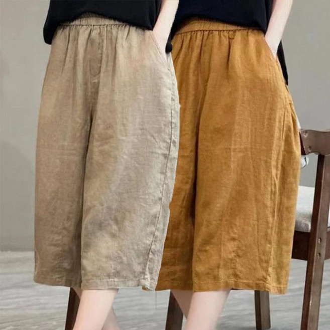 여름 면 마 와이드 캐주얼 바지 중년여성용 배기핏 시원한 7부 바지 밴딩 팬츠 포켓 통바지