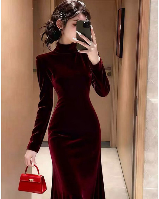 여성 벨벳 원피스 캐주얼 가을 겨울 하이웨이스트 하객룩 드레스 기질 여자 목폴라 벨벳 치마 WXY