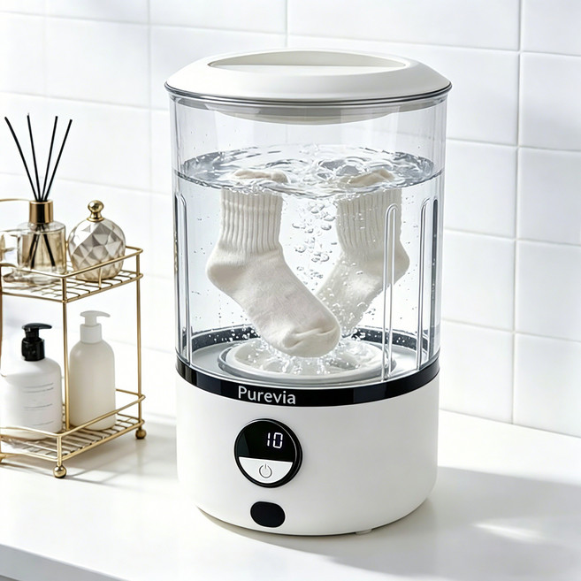 Purevia 초소형 무선 미니세탁기 속옷 양말 아기옷 전용 여행 원룸 휴대용 필수품, 화이트, PC-XY901