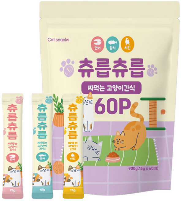 츄릅츄릅 짜먹는 츄르 고양이간식 60스틱 혼합팩 헤어볼케어, 연어+치킨+참치, 15g, 60개