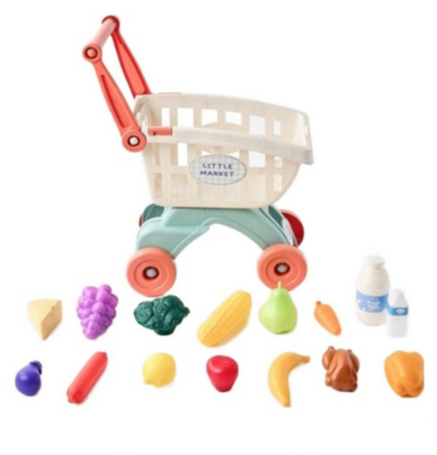 모던하우스 리틀키친 카트놀이 카트 35 x 25 x 50 cm + 식료품 16종 세트, 멀티, 1세트