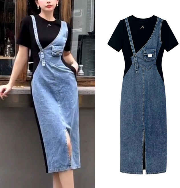X4046 데님 뷔스티에 레이어드느낌 굿퀄리티 유니크 반팔 롱원피스
