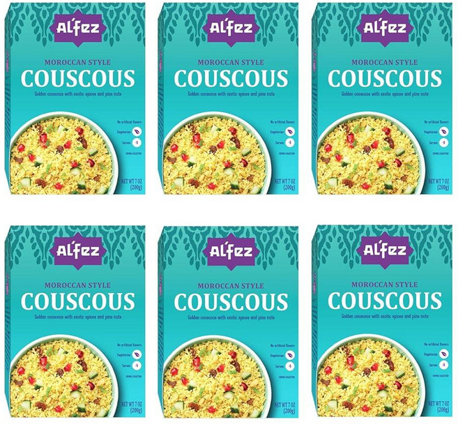 Al'Fez 모로칸 스타일 쿠스쿠스 - 198.4g(7온스) (6팩) - 듀럼 밀 이국적인 북아프리카 향신료 술타나 건포도 및 잣 함유 인스턴트 쿠스쿠스 샐러드용 - 비건